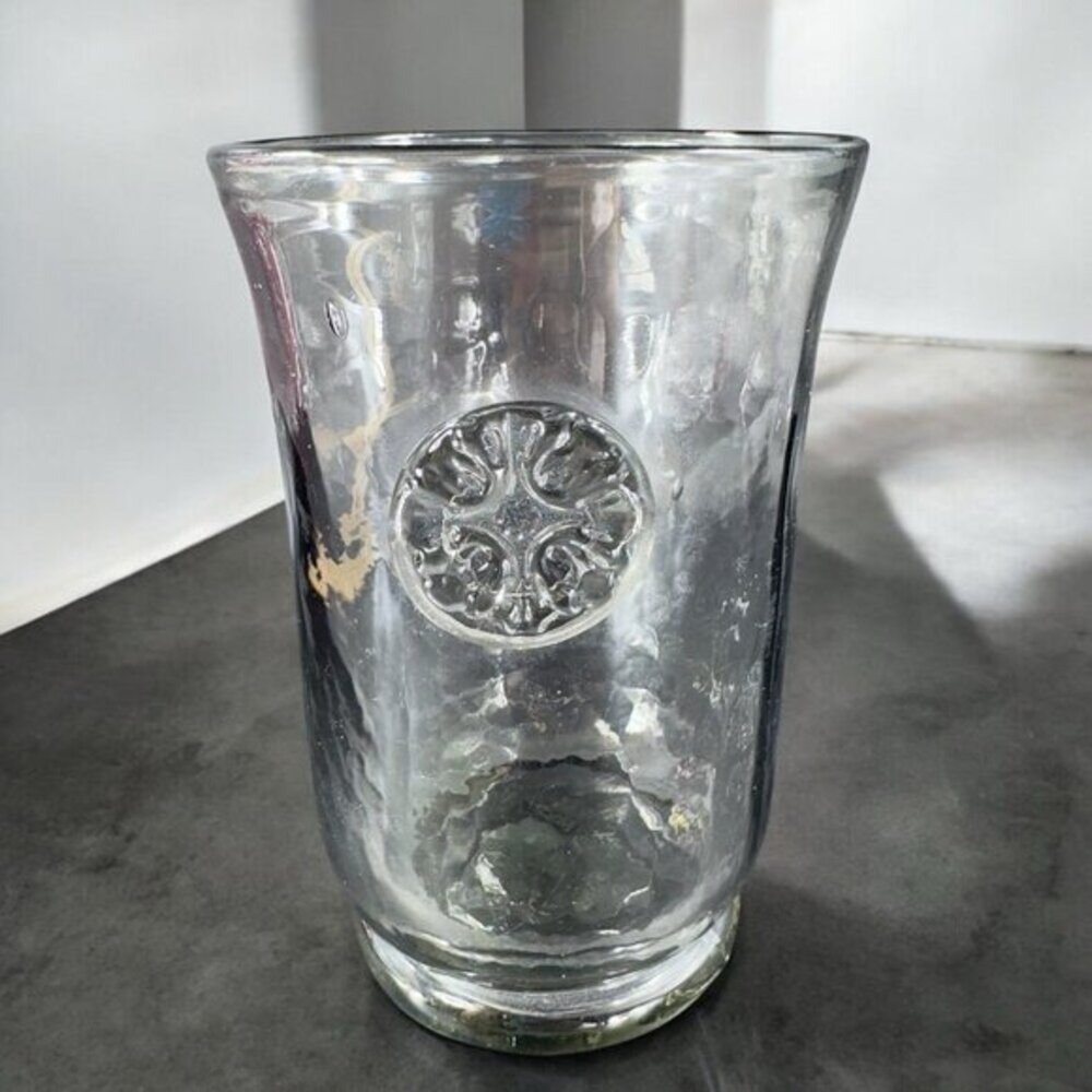 1970s Hand Blown Transparent Black Glass Vase‎ Utensil Holder Applied Medallion